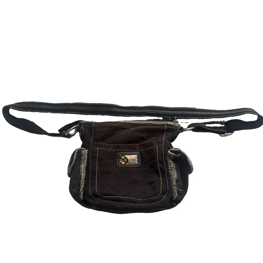 Vintage Y2K Fossil Denim Black Canvas Crossbody Bag Shoulder Purse Handbag Hobo